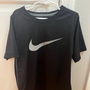 NIKE Athletic T-shirt, DRI-FIT size Youth M, black with white Nike swoosh